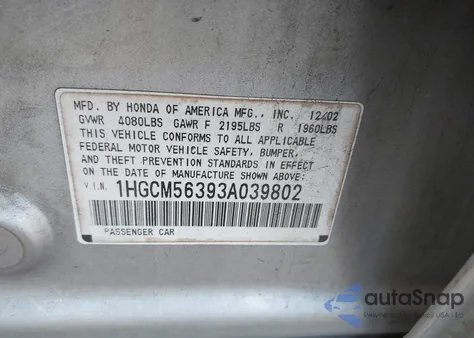 2003 Honda Accord 2.4 Lx z USA, uszkodzony, nr VIN 1HGCM56393A039802